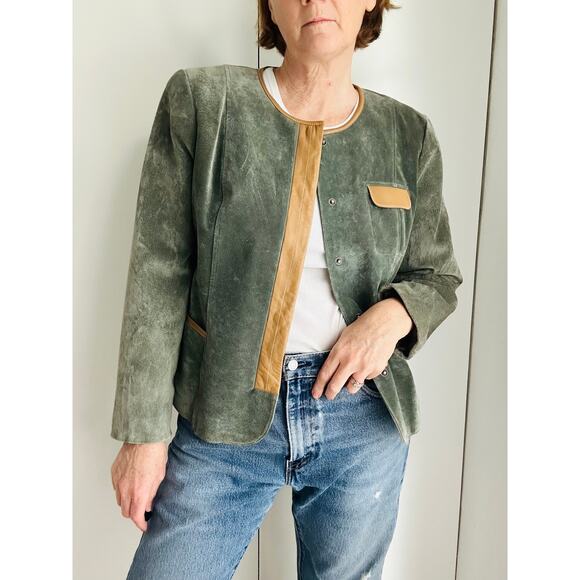 Vintage Doncaster Suede Leather Jacket Sage Green Snap Front Classic Chic Size M - Picture 9 of 12